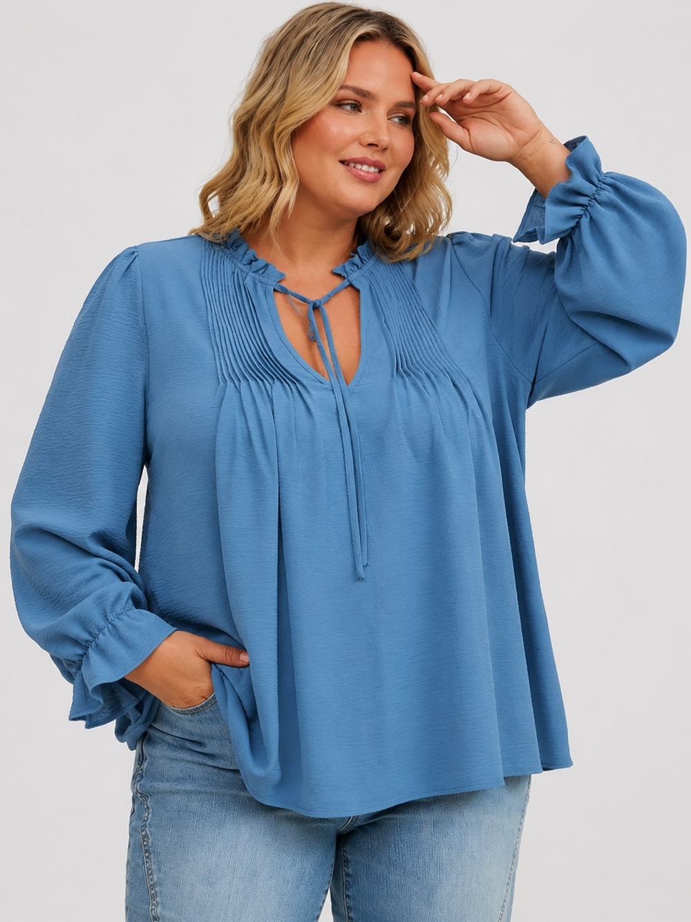 Torrid 1X (14-16) Blue Pintuck V Neck Flowy Top